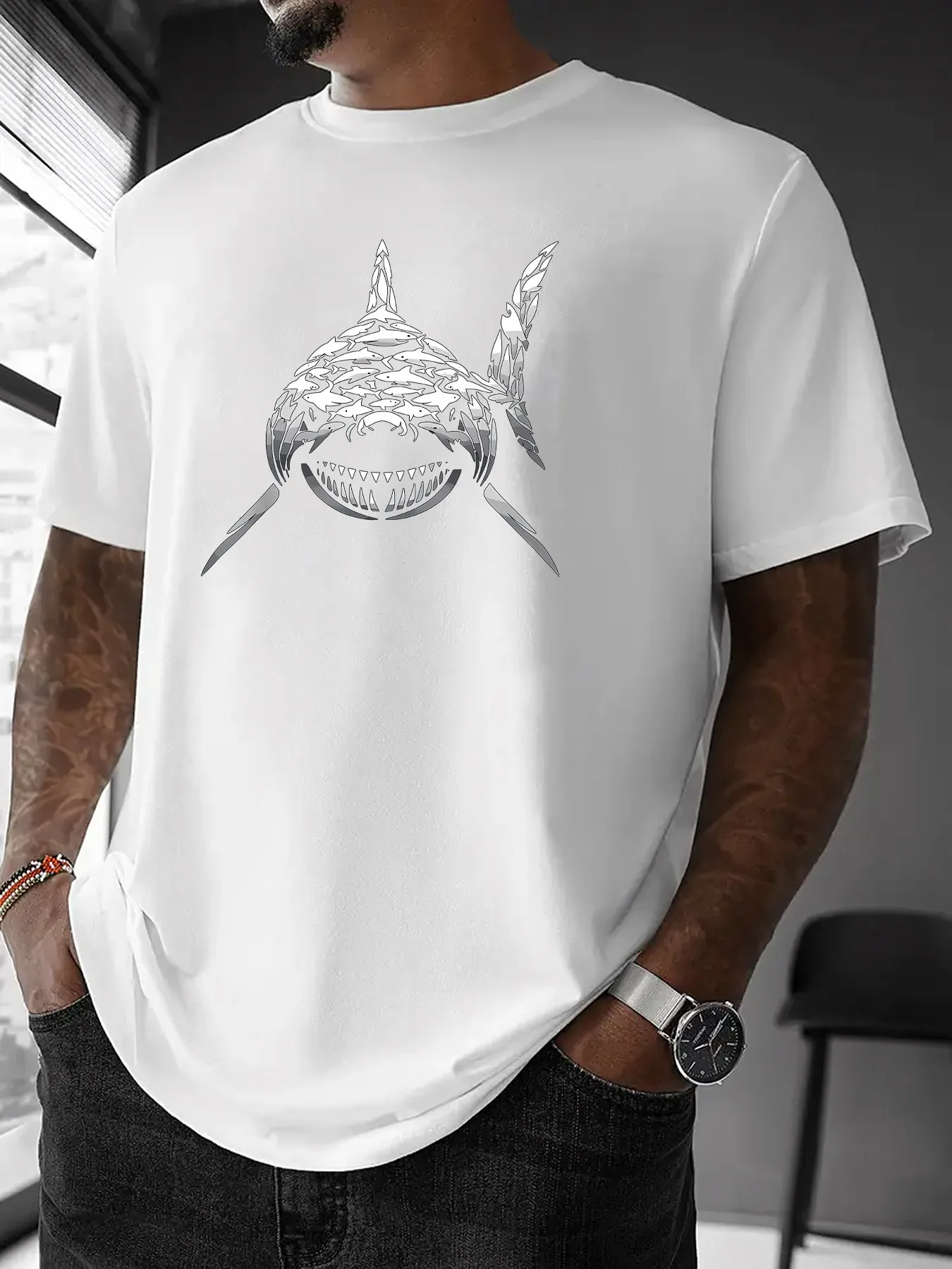 Metallic Shark Print on Premium 100% Cotton Mens T Shirt Perfect for Summer Streetwear and Bold Ocean Inspired Style