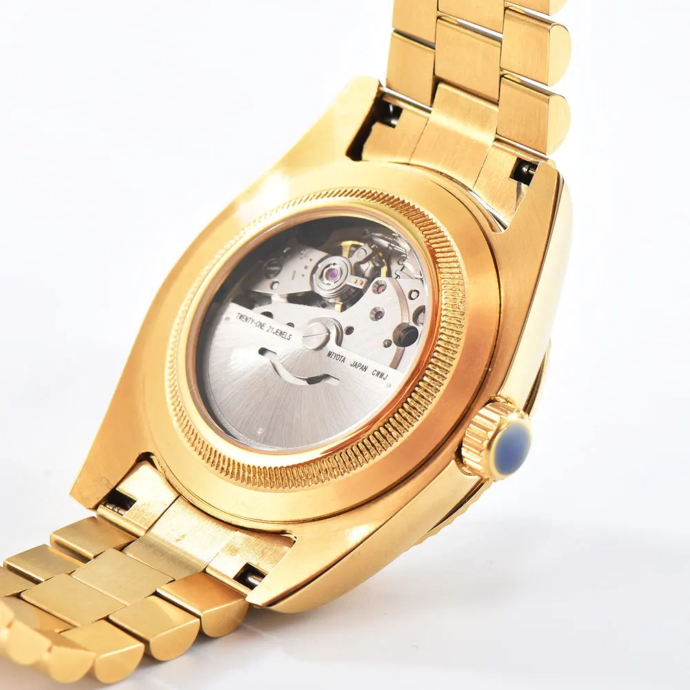 36 มม./39 มม.นาฬิกาผู้ชาย Miyota8285 การเคลื่อนไหวอัตโนมัตินาฬิกา Blue dial Sapphire Glass สายสแตนเลส