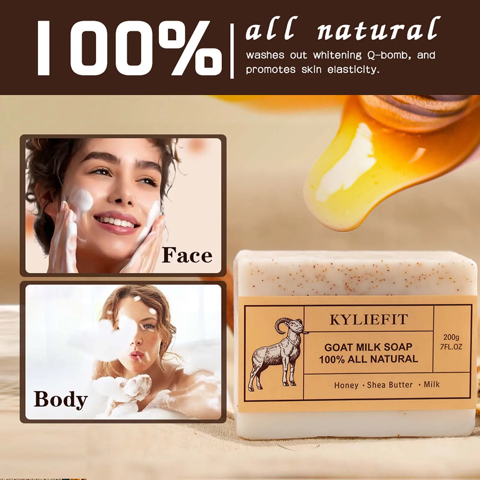 KYLIEFIT Goat Milk Soap Bar, 100% All Natural, Lightening, Cleaning, Moisturizing, With Honey, Shea Butter, Milk, 200g/ 7 oz