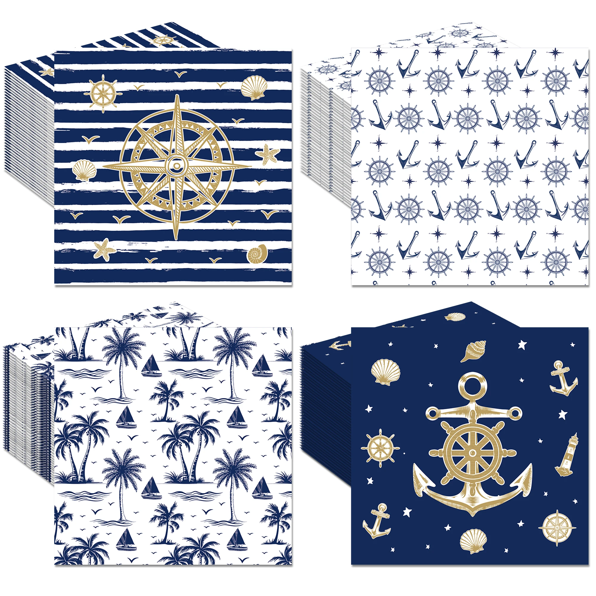 20/40/60pcs Nautical Anchor Compass Navy Blue Sailor Disposable Paper Napkins, Marine Wheel Birthday Baby Shower Party Supplies