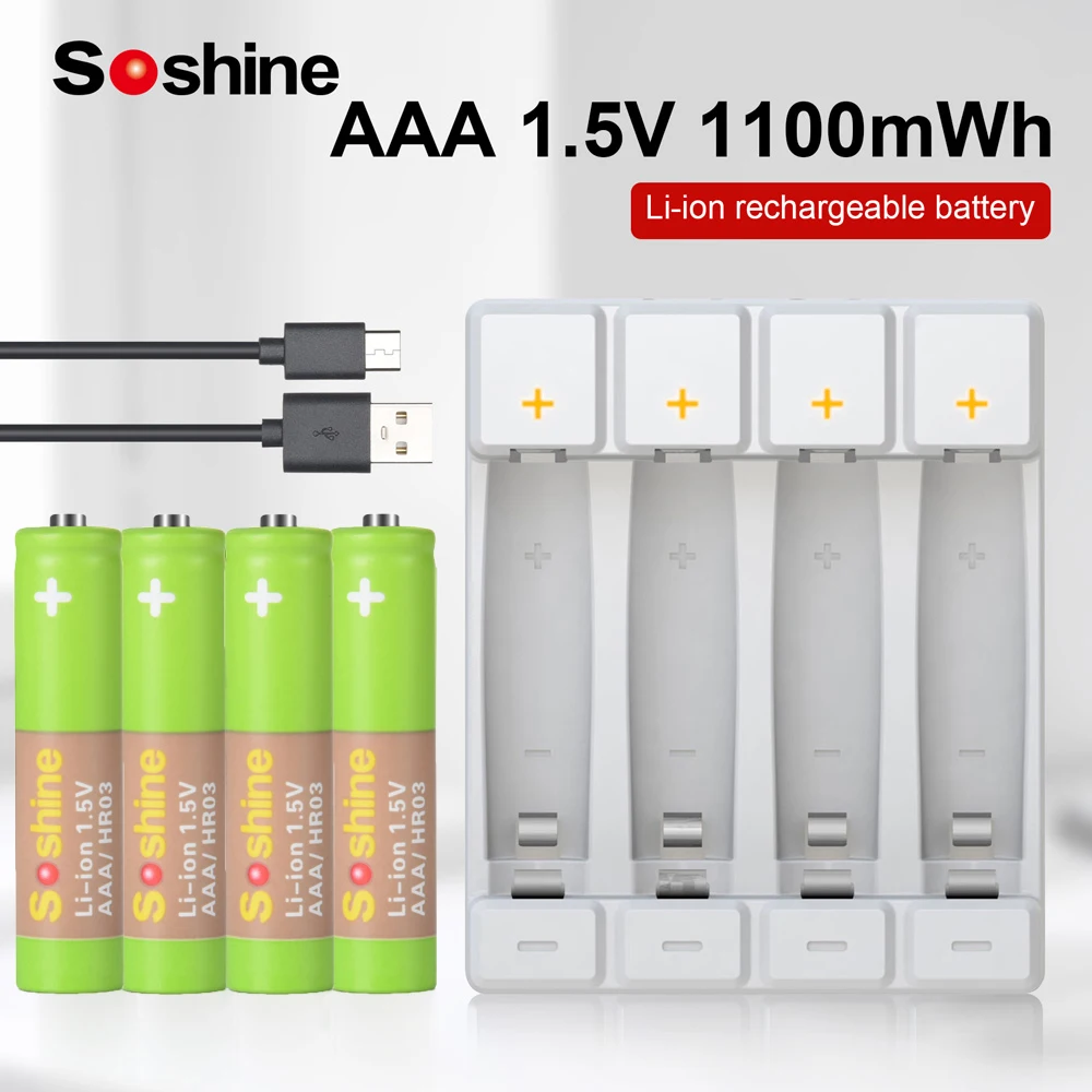 Soshine 1.5V 1100mWh AAA Rechargeable Battery 3A Lithium Li-Ion Batteries and Li-ion AA AAA Smart Rechargeable Batteries Charger