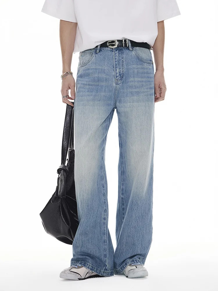 

Light Wash Loose Wide Leg Straight Cut Men's Jeans American High Street Design Retro Wash Cotton Polyester Blend Summer Jeans