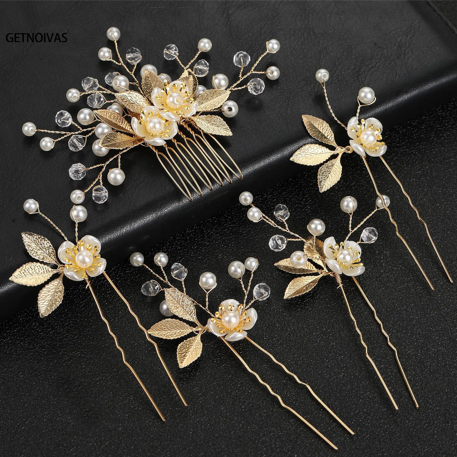 Wedding Pearl Flower Hairpin Side Comb Golden Leaf Alloy Tiaras Wedding Bride Insert Hair Clips Hair Jewelry Bride Headwear 5Pcs