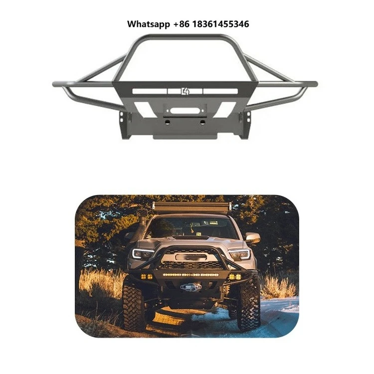 For  Tacoma 2016+ front bumpersBlack steel front bumper with full-height ball-style tow bar with tubular reinforcements,