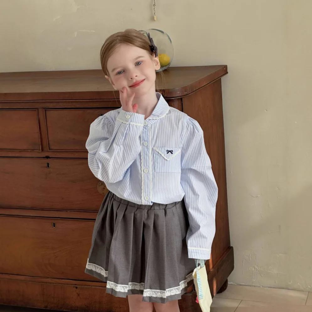 Girls Shirt 2025 Spring Autumn New Korean Fashion Academy Style Lace Blue and White Stripe Bow Shirt Girls Clothes