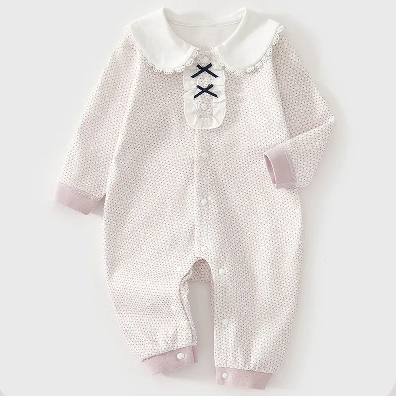 Spring Fall Newborn Girls Clothes Korean Fashion Cute Flowers Bow Long Sleeve Peter Pan Collar Jumpsuits Romper Baby Stuff B283