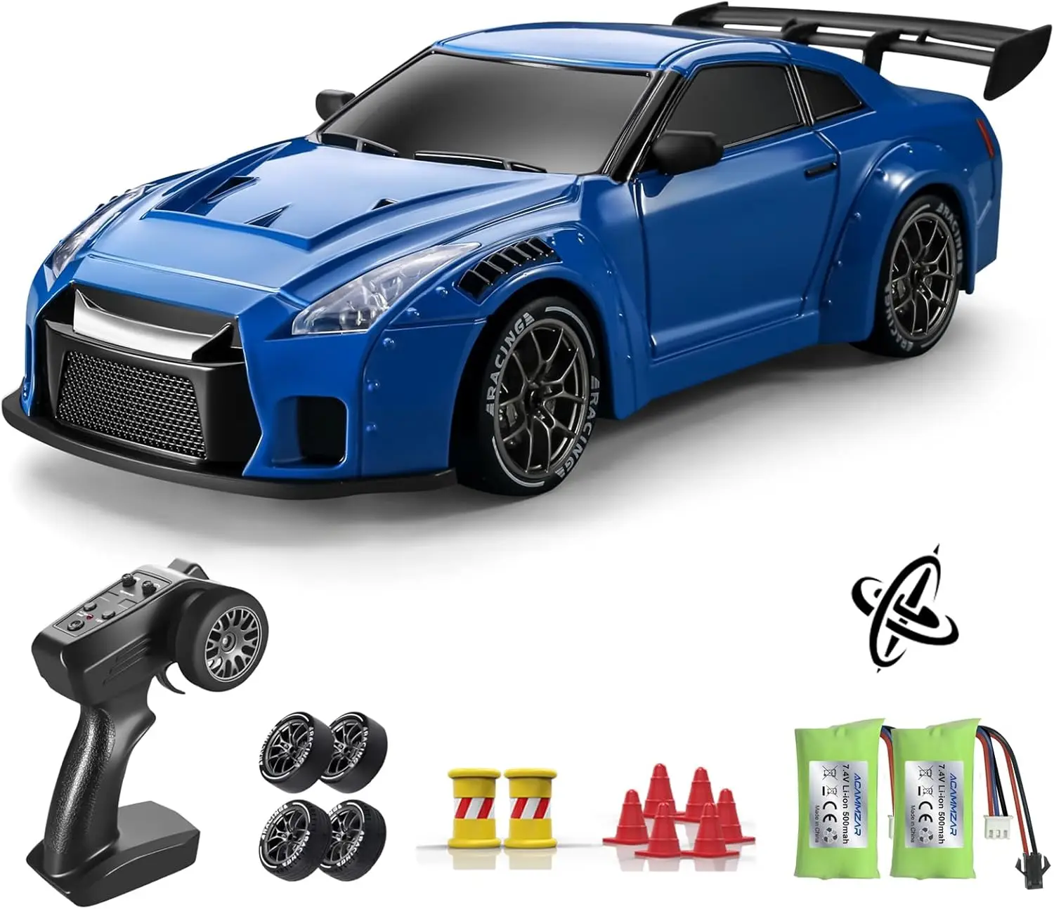 1:24 Full Proportional 4WD High-Speed RC Drift Car with Gyro, 25KM/H, LED Lights, Extra Racing Tires, Upgraded Version for Adults, Kids, Boys, Girls (Blue)