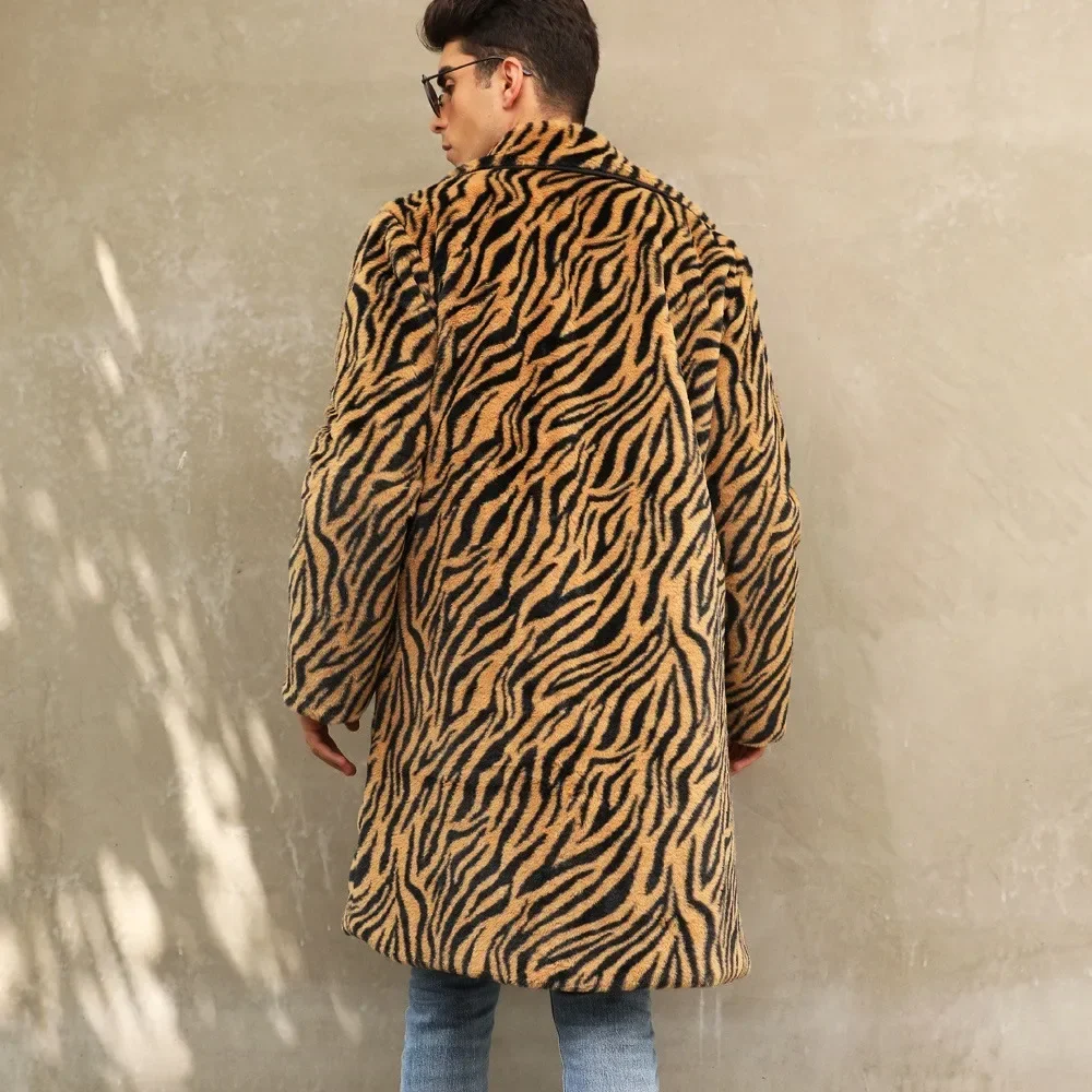 Men Faux Fur Jacket Coat Winter Fluffy Zebra-stripe Long Sleeve Warm Shaggy Outerwear Luxury Fur Long Jacket Bontjas Jackets Men