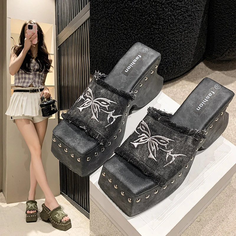 Platform Sandals For Women Denim Butterfly Fashion Metal Design Fashion Rivet Slip On Punk Sandal Shoes Summer New Goth