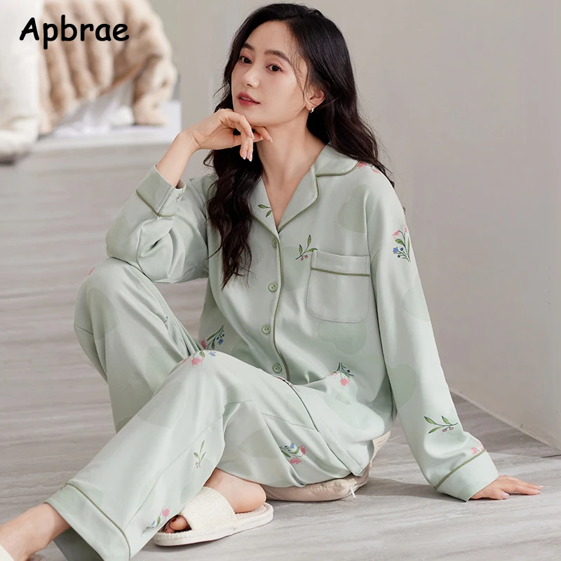 Women Cotton Pajamas Autumn Winter Long Sleeves Casual Lapel Pijamas Simple Style Nightwear Cardigan Woman Sleepwear