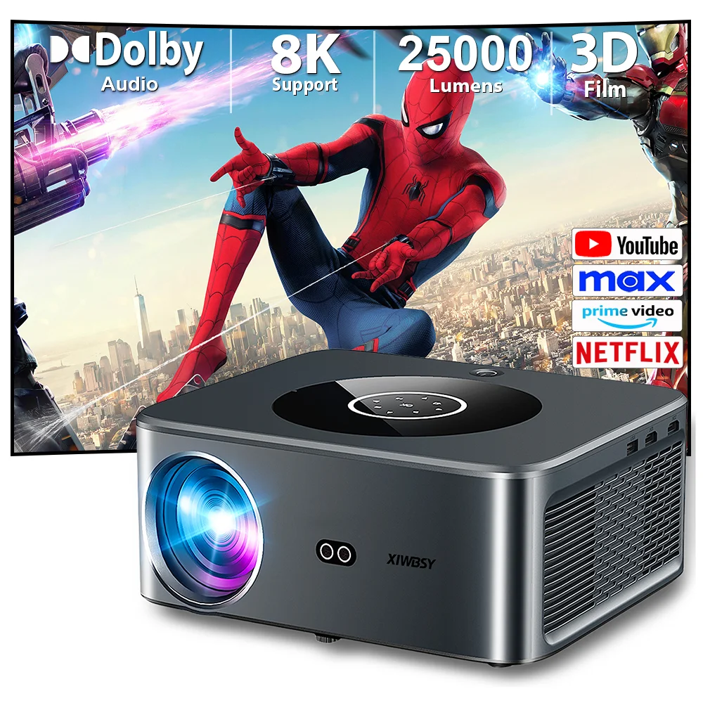 XIWBSY 25000Lumens Android Projector 4K Auto Focus/Keystone 6G WiFi Projector Dolby Video Audio Home Theater Portable Proyector