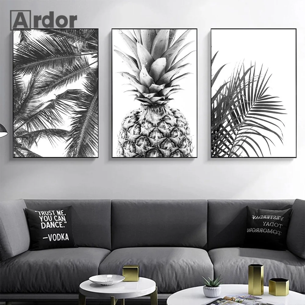 

Nordic Minimalism Tropical Canvas Painting Palm Tree Leaf Pineapple Poster Black White Nordic Print Wall Art Pictures Home Decor