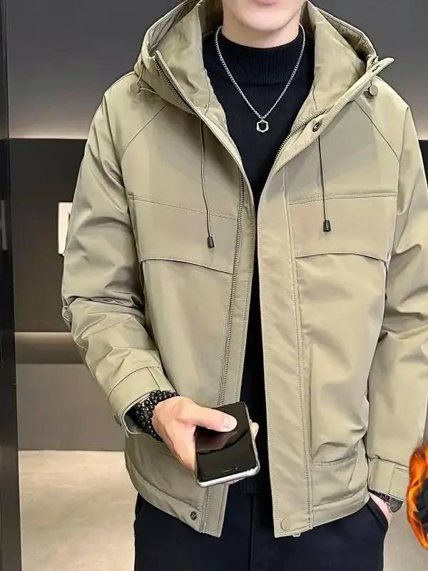 

Men's Winter Thiened Cotton Hooded Jaet Casual Sle Windproof Outdoor Coat Youth Trendy Zipper Closure Long Sve Coat