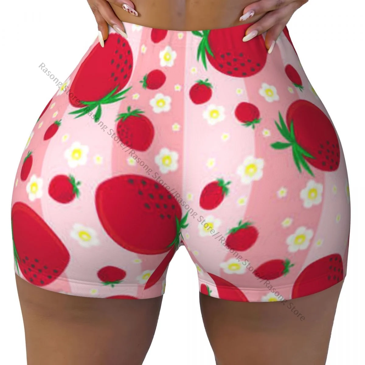 Women Yoga Shorts Strawberry Pink Background Workout Shorts Fitness quick-dry Ladies Yoga Gym Running Short Pants Sportswear