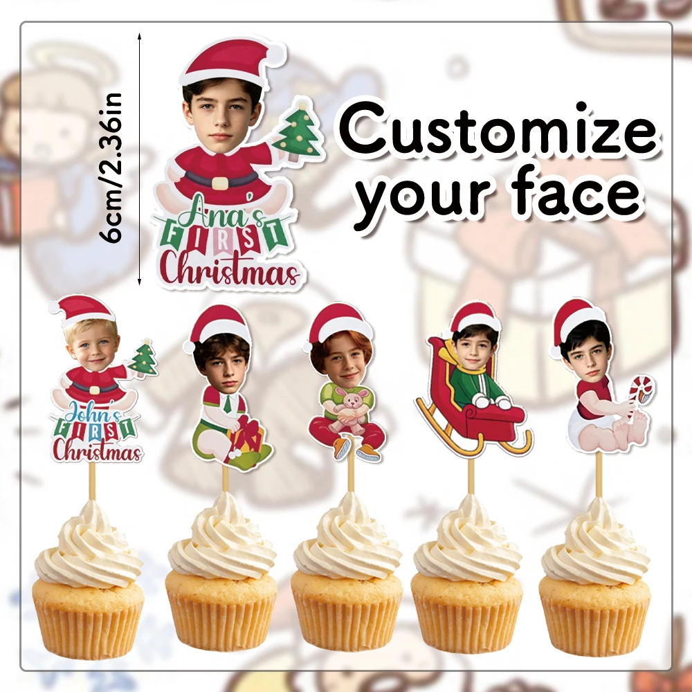 12pcs Custom Face Christmas Cupcake Toppers, Custom Photo Santa Kid Cake Picks, Custom Portrait Xmas Party Cupcake Decor