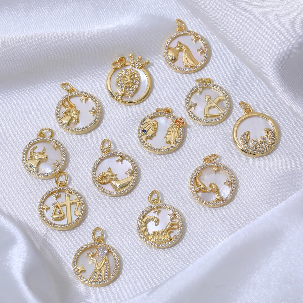 Juya Handmade 18K Real Gold Plated Pearl Shell Medals 12 Zodiac Charms For DIY Luxury Birthstone Pendant Gift Jewelry Making