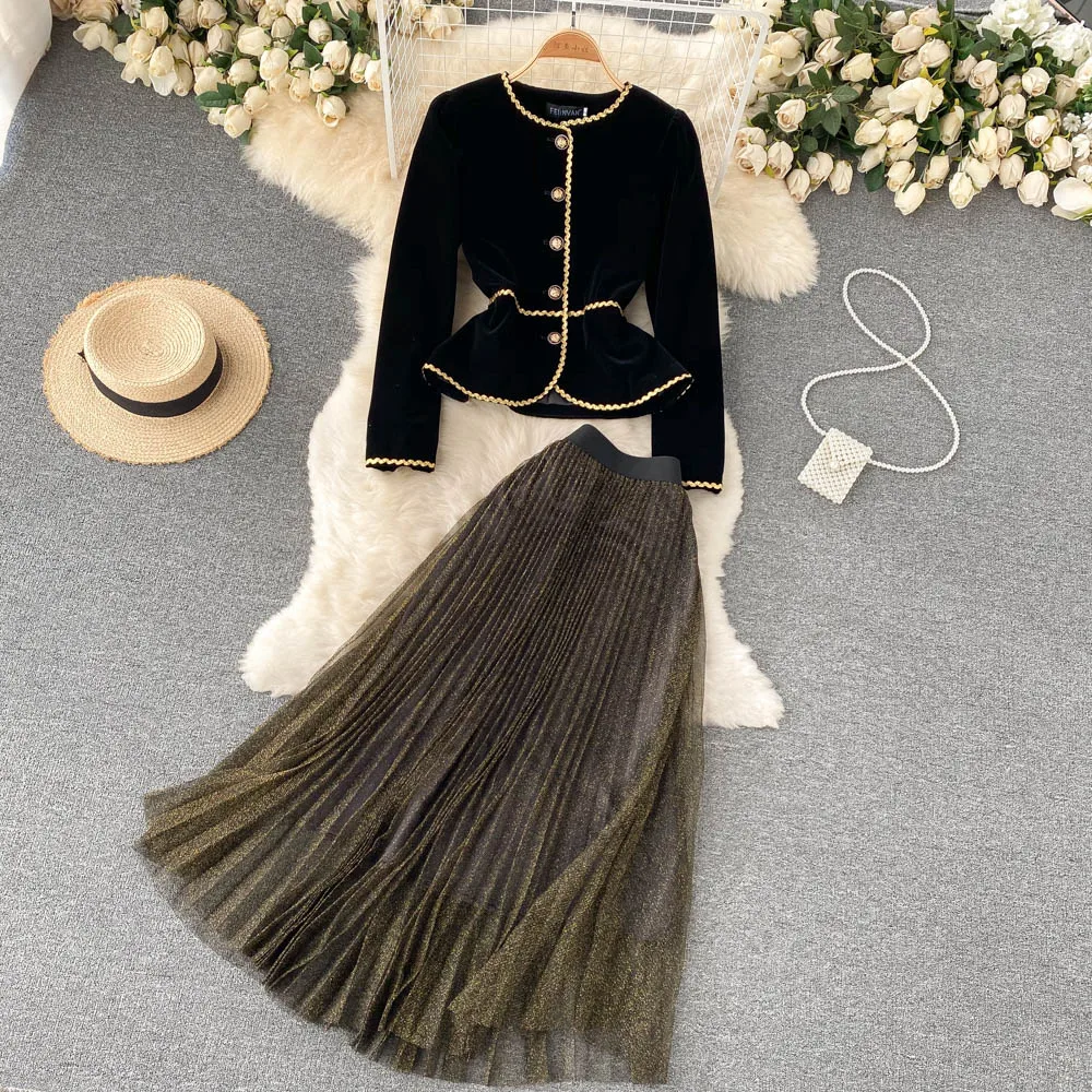 

Women's Spring Autumn Runway Fashion Black Velvet Top Pleated 2 pcs Mesh Set Dress Female Chic Travel Party Dress TB1436