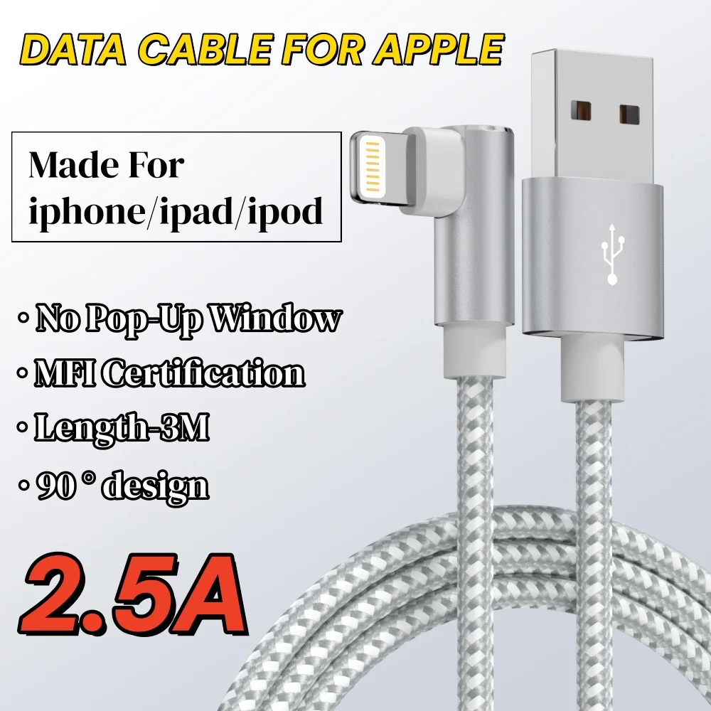 For Gaming Elbow Fast Charger Cable for iPhone 14 8 7 6S Plus 13 12 mini 11Pro XS Max XR X 90 Degree Braided USB Charging Cable