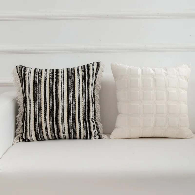 Light French Style Sofa Cushion Cover Black and White Striped Jacquard Pillowcase Decorative Back Pillow Cover Backrest
