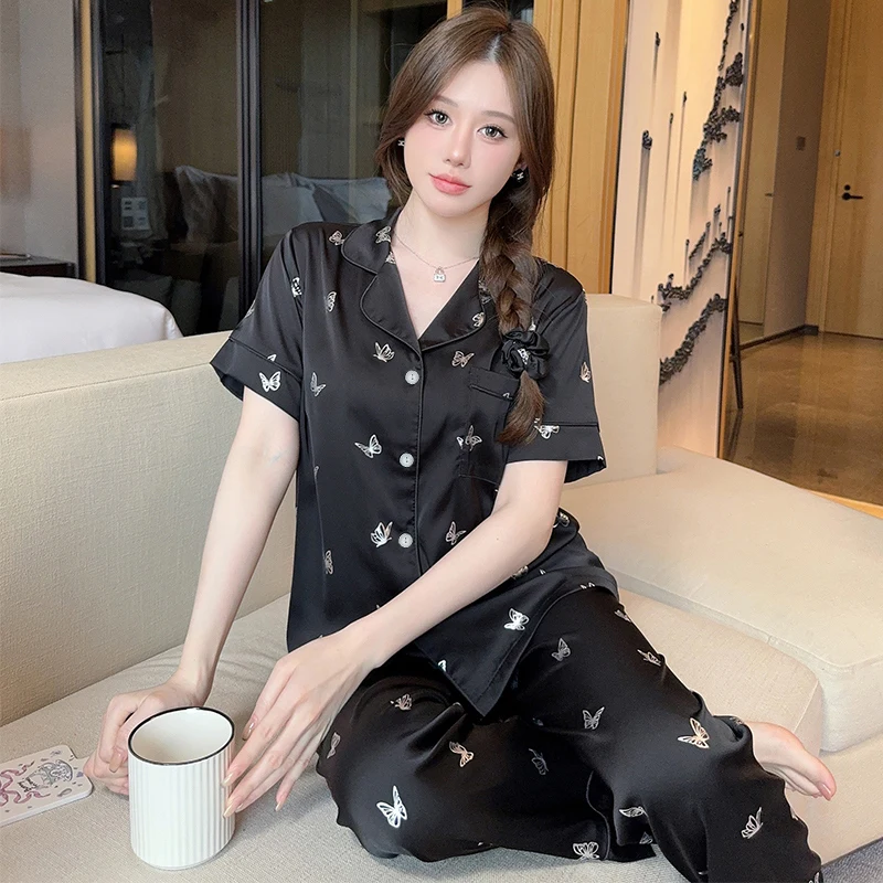 Summer Pajama Women Silk Satin Pajamas Set Short Sleeve Tops Trouser Two Piece Set Sleepwear Loungewear Button Down Pijama