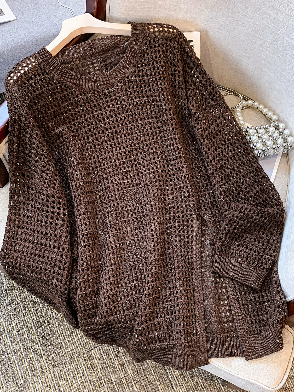 Loose Knitted Sweater Women's plus Size Open Slit Glittery Casual Sle mid Autumn New Arrival Breathable Comfortable Long Sl...