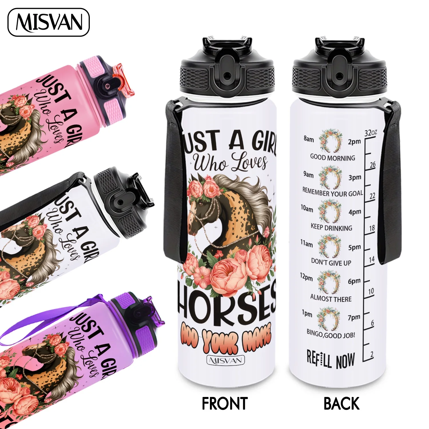 

1PC,Customization Name 32oz Water Bottle,Horse Girl Floral Horse Head Print,Encourage Daily Hydration,for Gym Outdoor Cycling