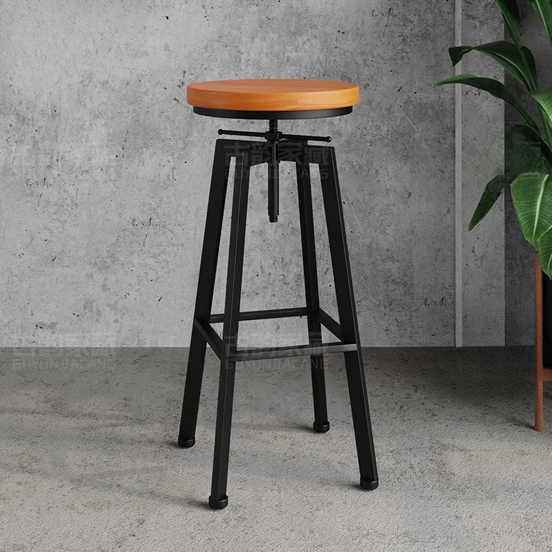 Industrial Style Bar Chair Solid Wood High Foot Cashier Seat Mechanical Lifting Counter Stool Comfort Backrest Modern Furniture