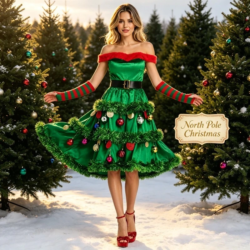 Vestido Navideño para Mujer con Tirantes Anchos Decorativos en Forma de Trufa, Guantes Decorativos y Cinturón, Ideal para Actuaciones en Escenario y Fiestas