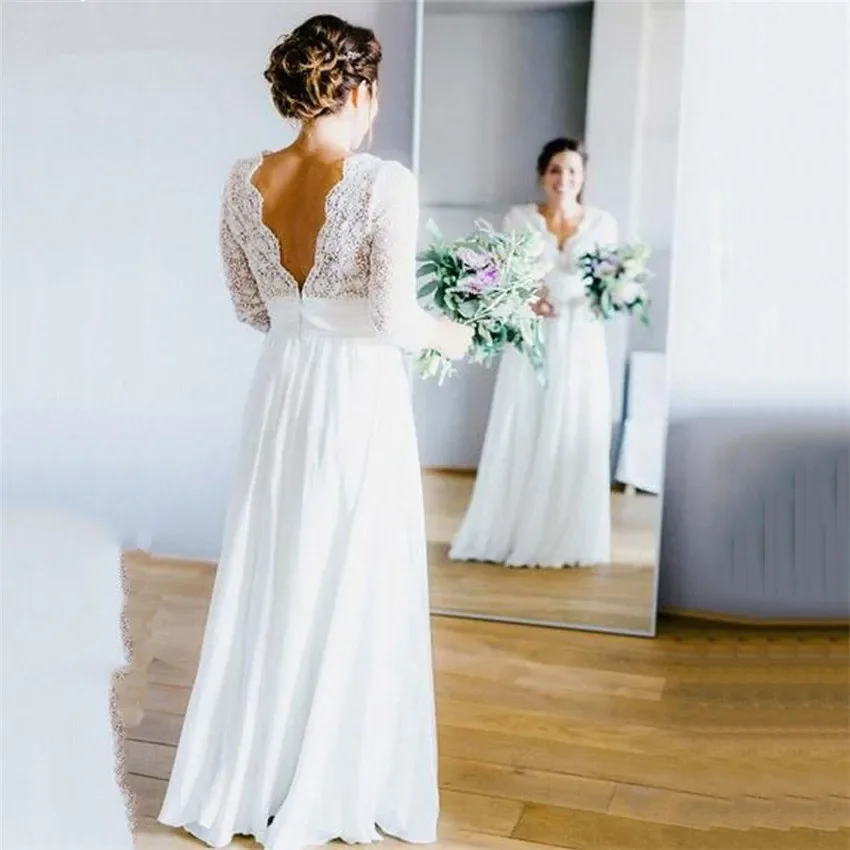 Chiffon Boho Wedding Dress 2025 Deep Lace Top V-neck 3/4 Sleeves Backless Beach Women Bridal Gowns Vestidos Customized