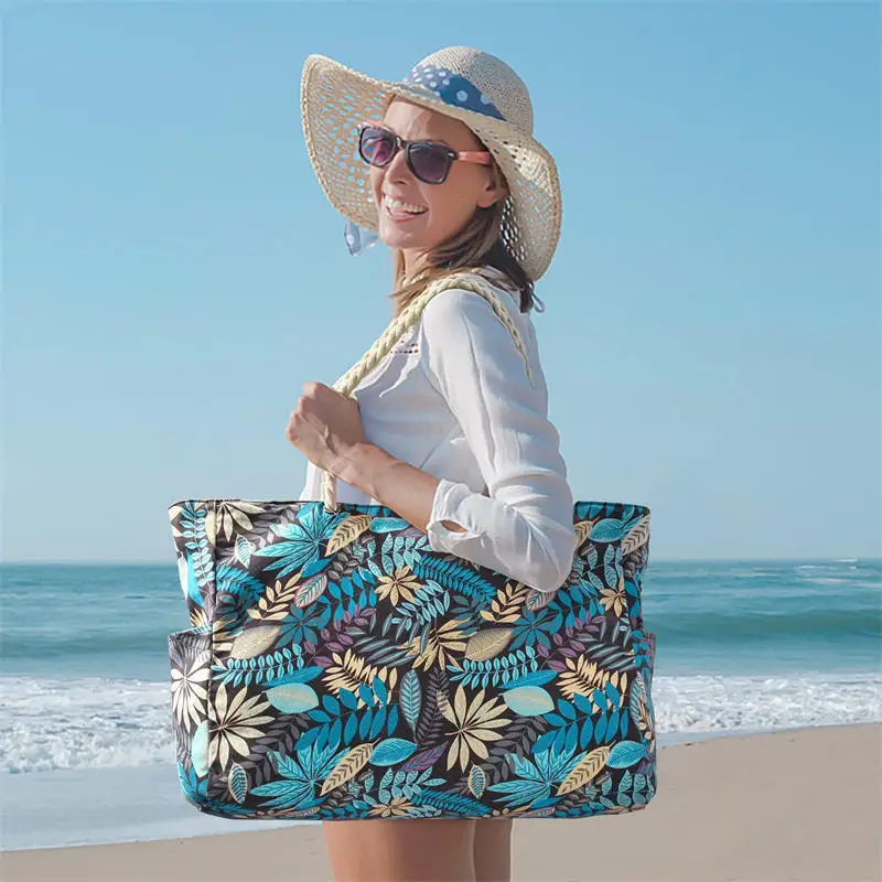 Grand sac de voyage rayé pour femmes, sac à main de plage à fermeture éclair, sac de piscine de sable, grand sac à main