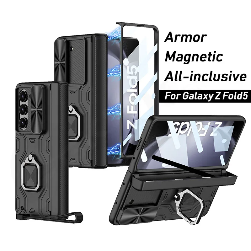 

Shockproof Armor Stand Case For Samsung Galaxy Z Fold 5 Magnetic Pen Holder Hinge Glass Film Cover For Galaxy Z Fold5 Case