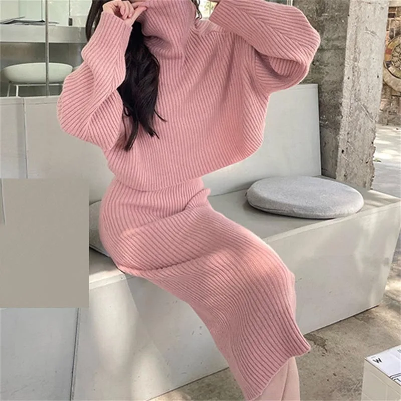 2026 Autumn Winter New Women's Lazy‑Style Turtleneck Sweater, Age‑reducing Slim Two‑piece Set, Thick Pullover Knit Dress Outfit
