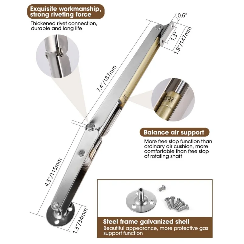 2Pcs Soft Close Gas Struts 60N-200N, Automatic Lid Support Hinges for Cabinet Chest Bed, Safe Slow Lowering Lift Spring