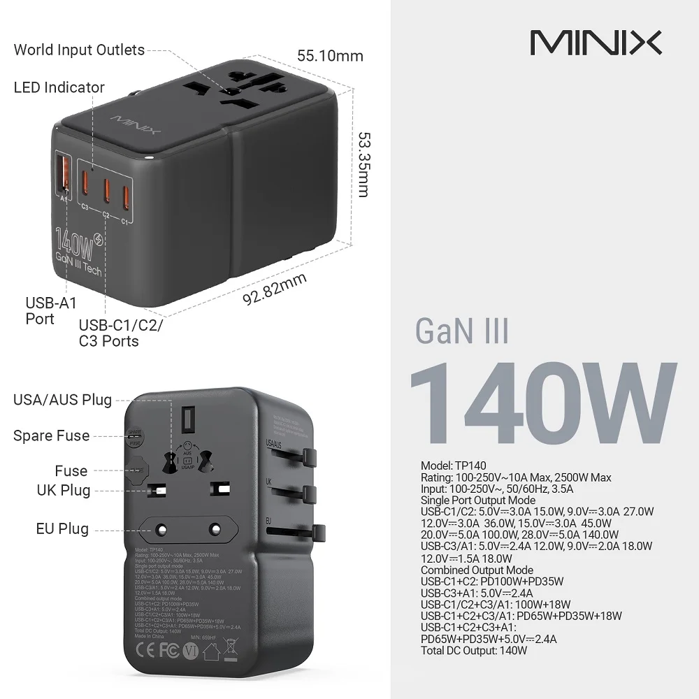 

Universal Travel Adapter with 140W PD ports GaN Technology International AC socket with 1 USB-A and 3 USB-C port