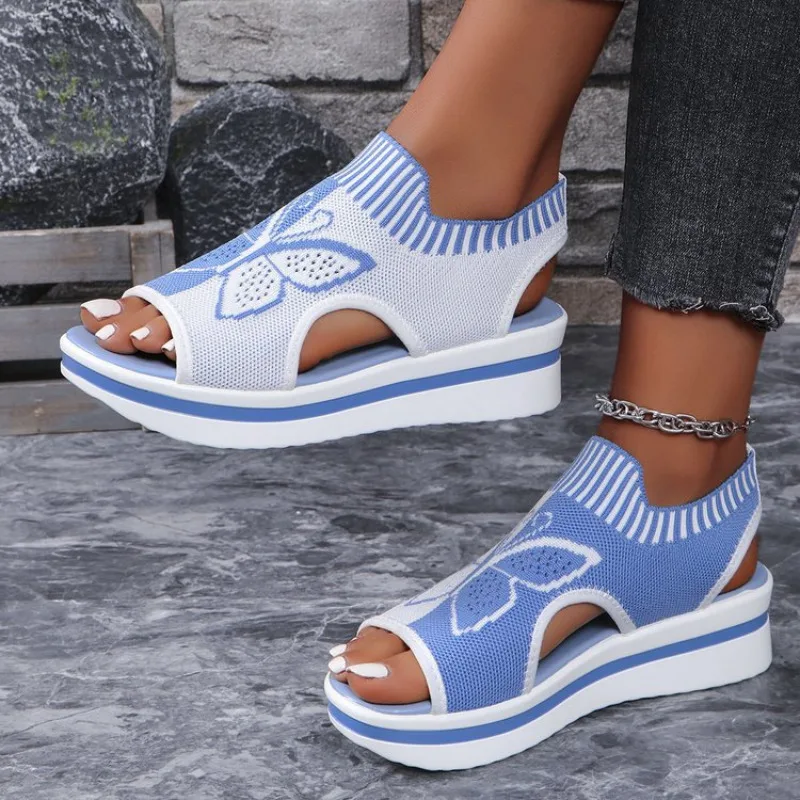 Women Flat Sandals Mesh Fish Mouth Casual Low Heels New Summer Slides Women Platform Shoes Sports Wedges Beach Comfort Sandals