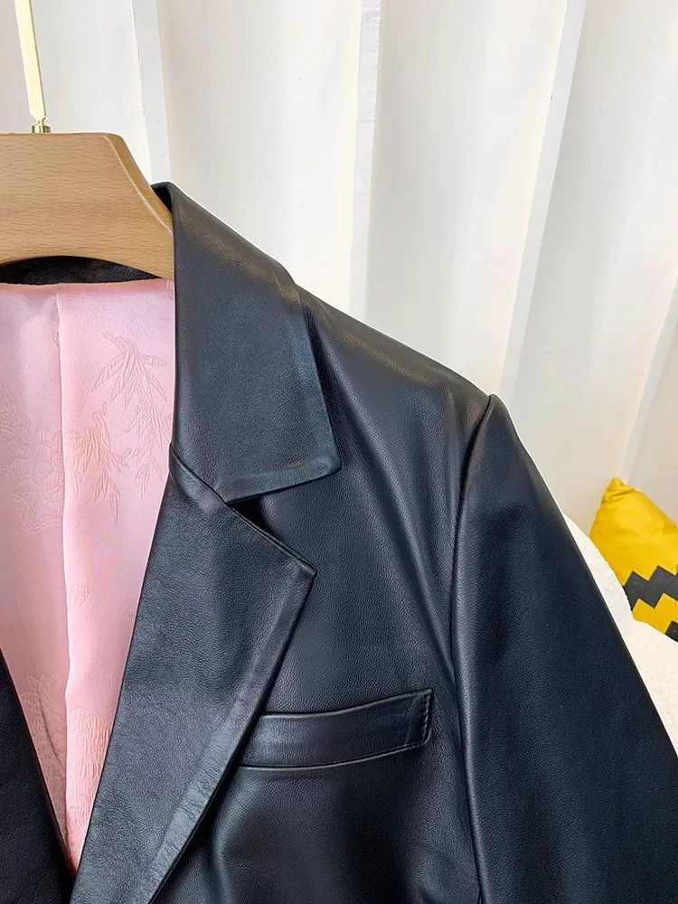 Elegant Office Ladies Genuine Leather Suit Jacket Loose Fit Single Breasted Long Sleeve Patchwork Casual Sheepskin Blazers Coat