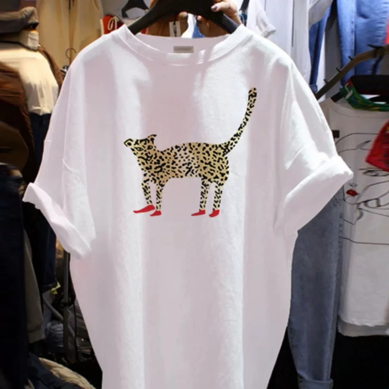 

Pure Cotton Cartoon Leopard White T-shirt Women's Short-sleeved Summer Printed Loose Top