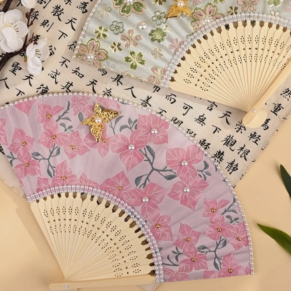 Traditional Pearl Folding Fan Butterfly Portable Floral Print Hand Fan DIY Craft Kit Fabric Chinese Style Fan Home Ornament