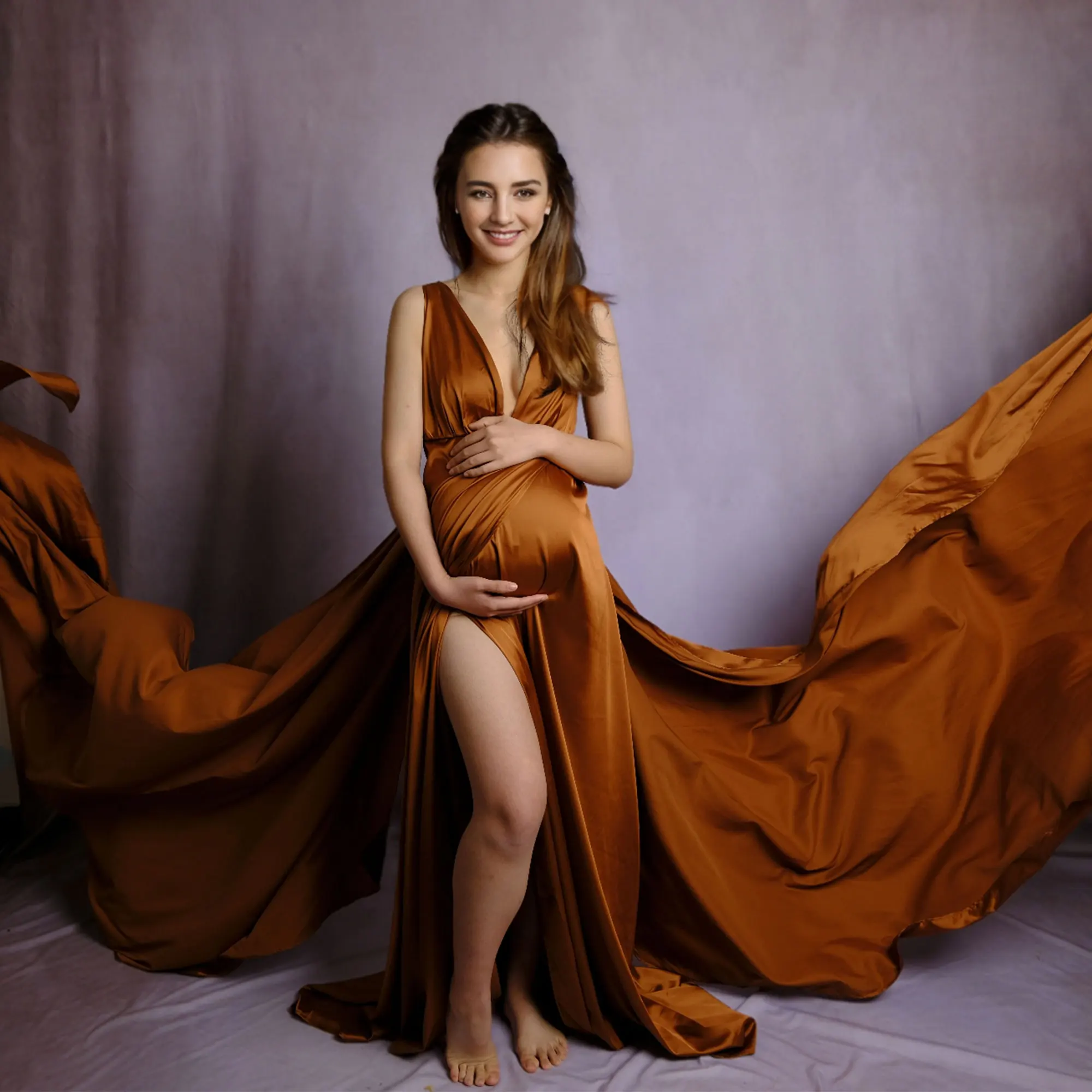 Autumn Silk-like Maternity Photography Dresses Two Pieces V-Neck Backless Slit Side Dress for Pregnancy Woman Party Outfits Prop