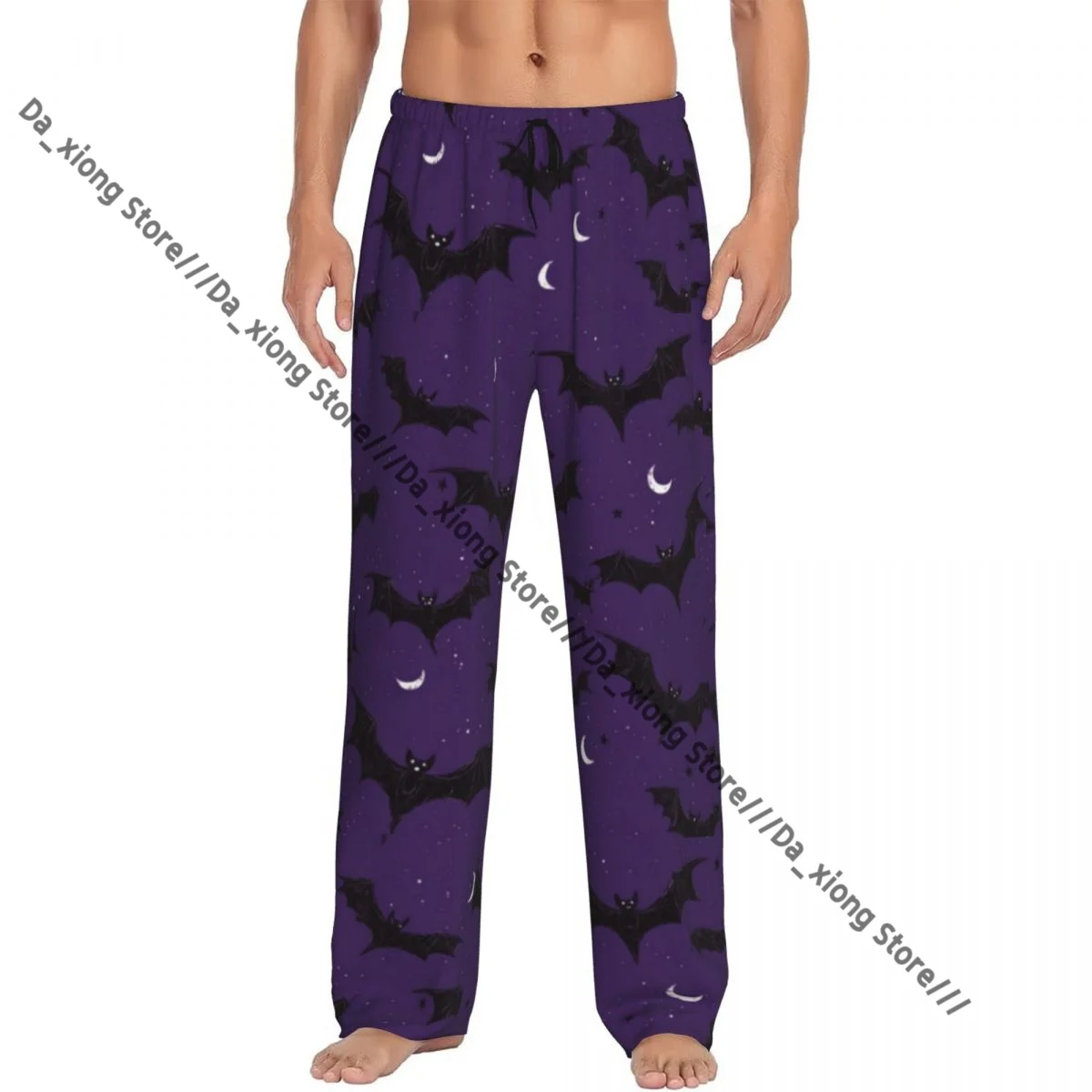 

Mens Casual Pajama Long Pant Loose Elastic Waistband Black Bats Flying Across Sky With Stars Moons Cozy Home Lounge Pants