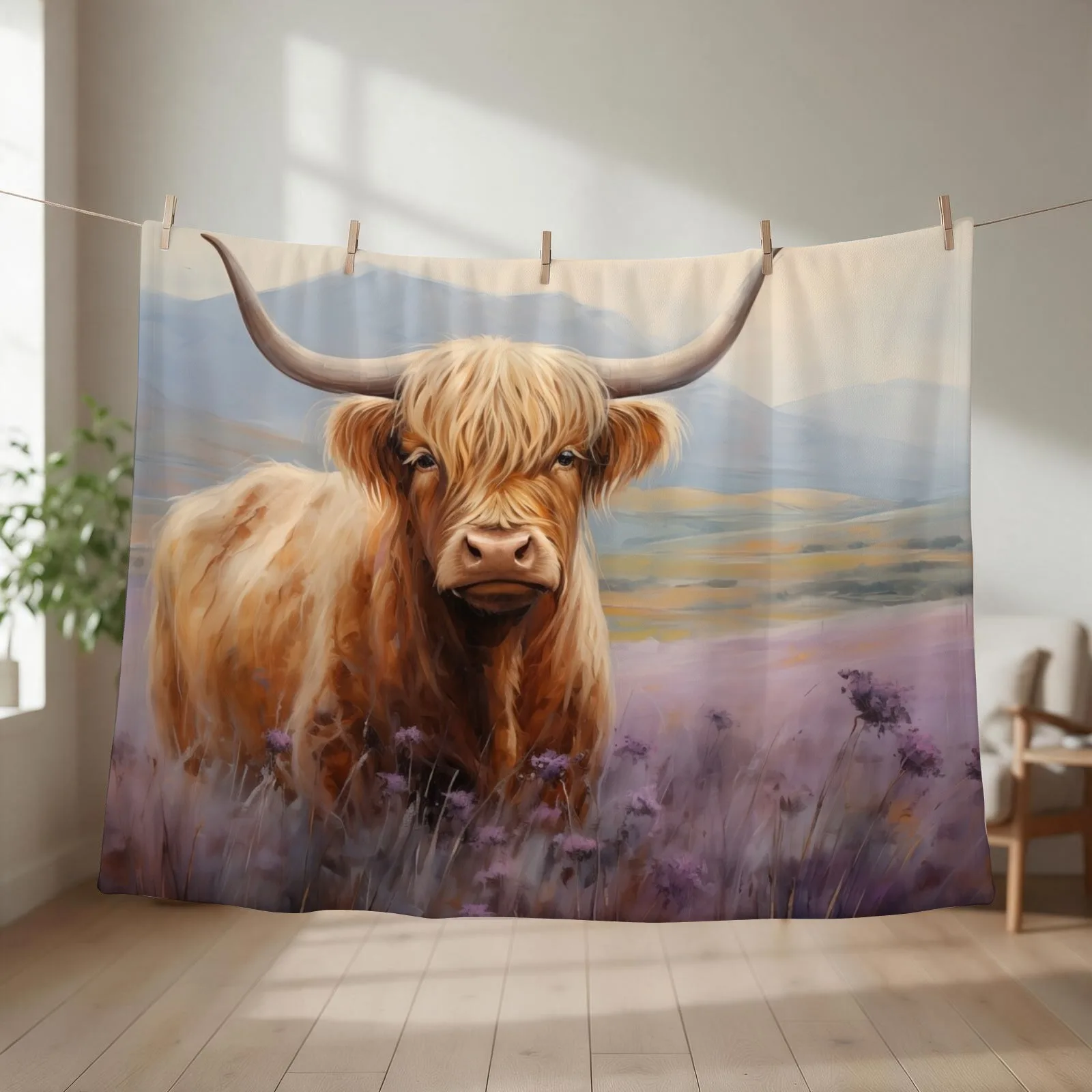 Scottish Highland Cow in Heather Throw Blanket couch cozy soft plush fuzzy picnic outdoor blanket