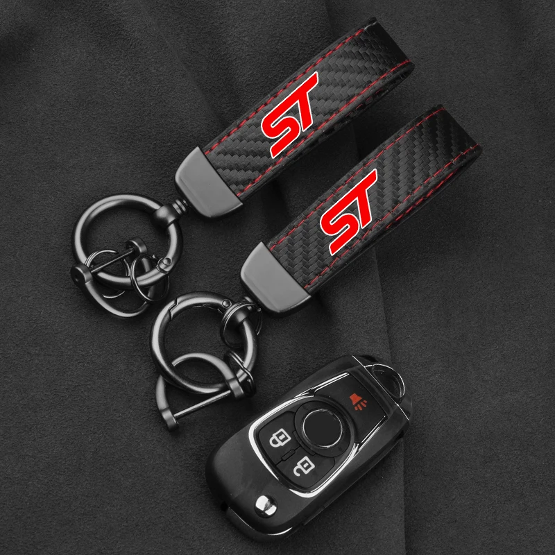 Leather Carbon Fiber Car Ring Keychain Trinket Zinc Alloy Keyrings Rotate 360 Degrees For Ford ST Focus Mondeo Fiesta Ecosport