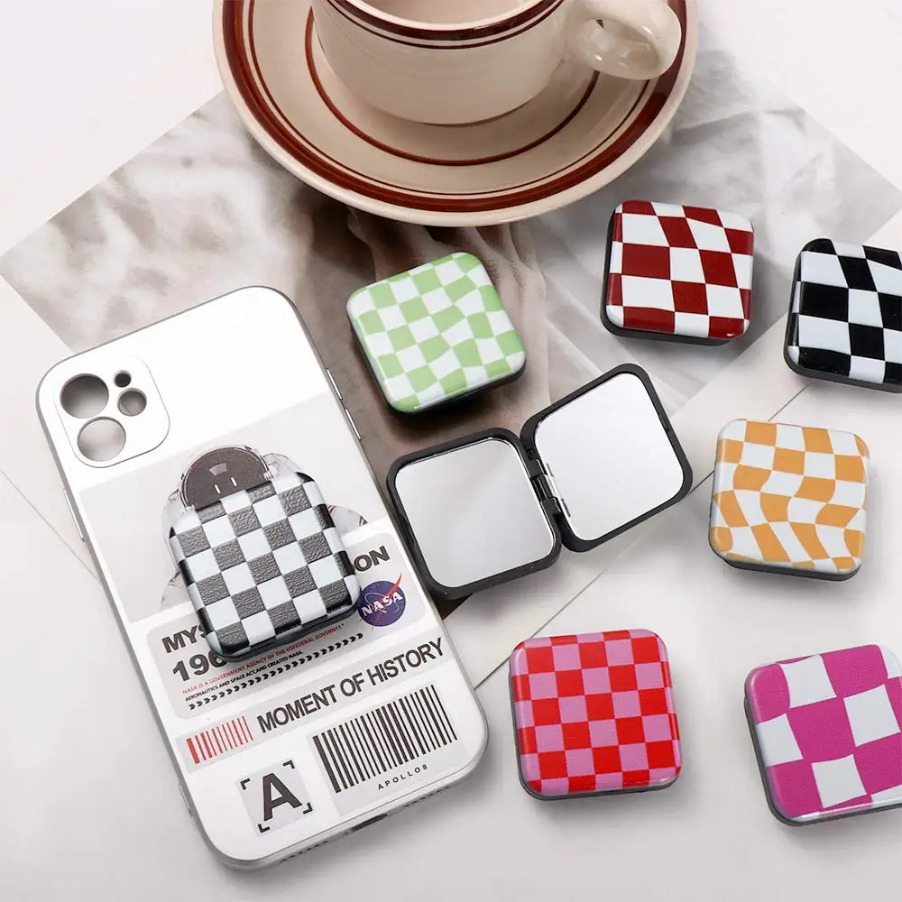 3pcs Plaid Checkerboard Pocket Cosmetic Mirror Two-side Folding Square Makeup Mirror Portable Mirror Creative Phone Holder