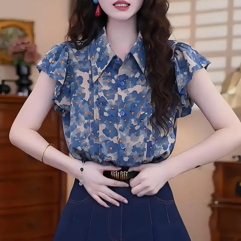 

Temperament Short Sleeved Floral Shirt Women's Summer New Slimming Top Unique Chic and Beautiful All Match Shirt
