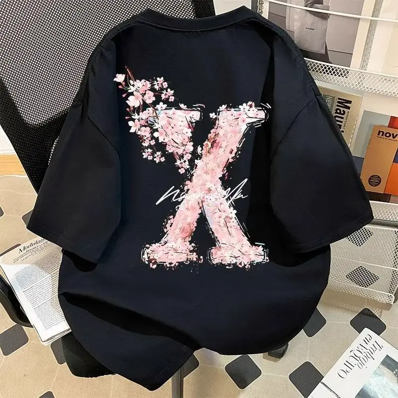 

Sakura X Handsome Pure Cotton Printed Fashion Trend Men's and Women's T-shirt Summer New Casual Loose Short Sleeved T-shirt