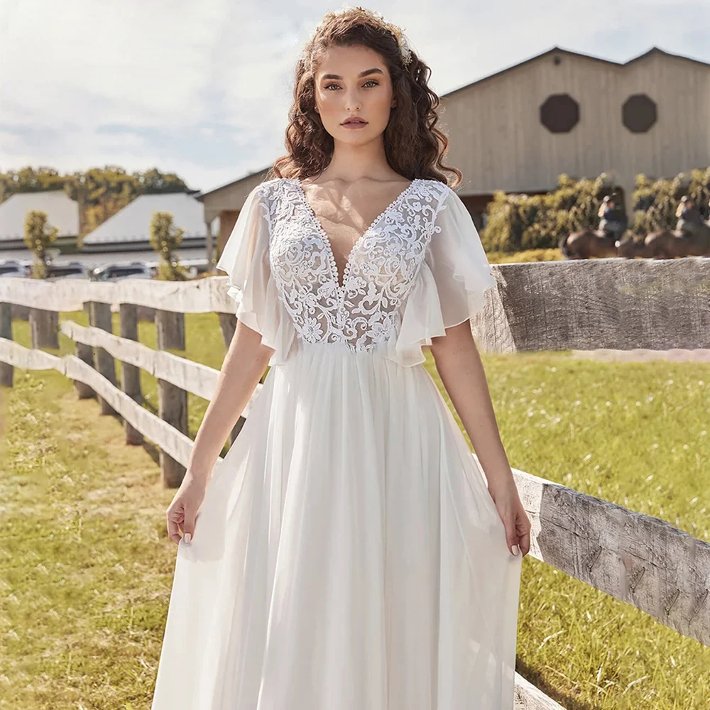 Boho Chiffon a-line profondo scollo a v abiti da sposa maniche corte svasate abiti da festa estivi Backless Beach vestidos de novia