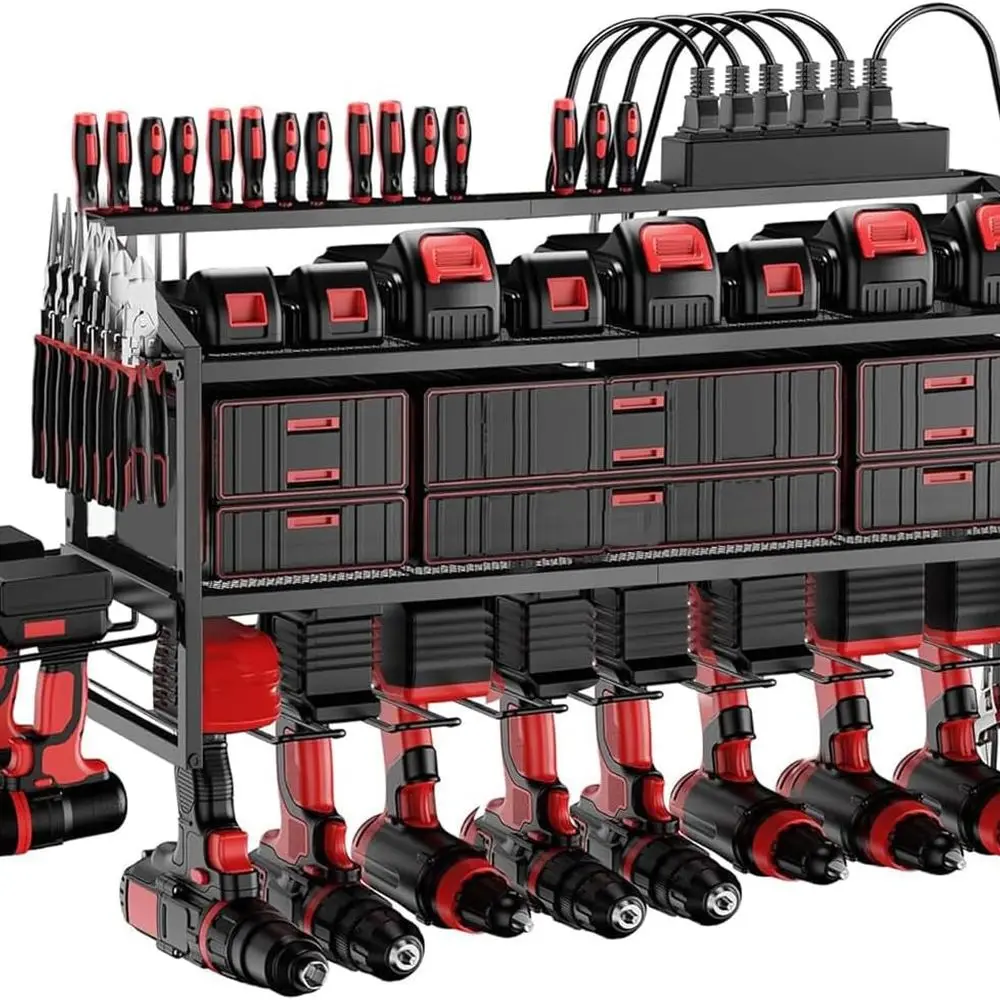 

3-Tier Wall-Mounted Power Tool Organizer with Charging Station and 8-Drill Holder for Garage