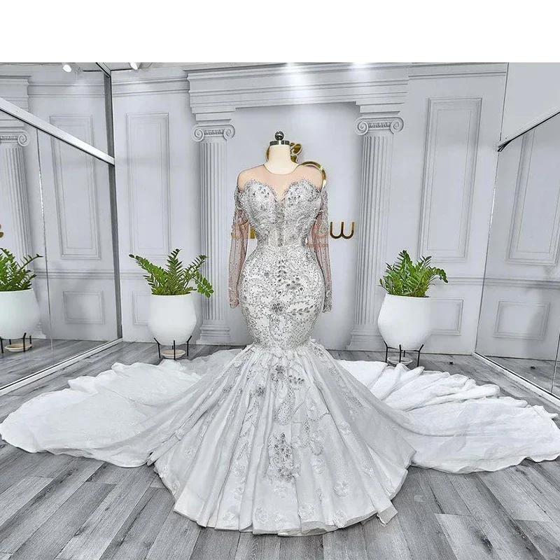 تخصيص الحديثة مغرفة الرقبة تسلق بلورات الخرز فستان الزفاف سويب تراين فيستدو دي نوفيا طويلة الأكمام صور حقيقية Brid