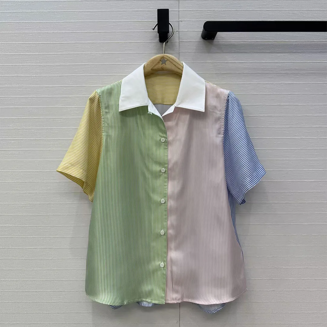 2026 New Summer Preppy Style Twill Silk Shirt Women Patchwork Lapel Short Sleeve Contrast Stripes Pattern Casual Loose Blouse