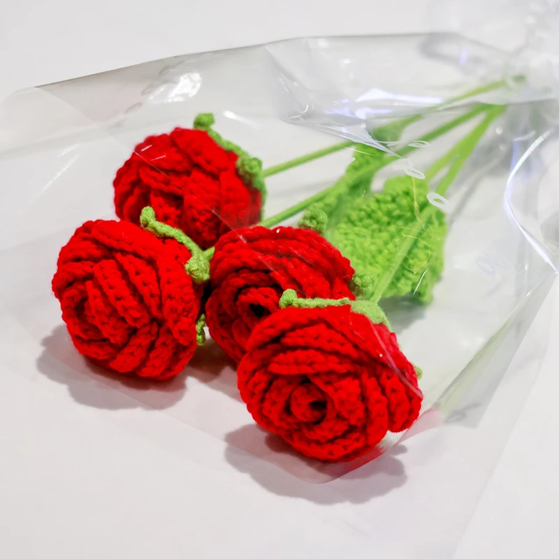 2PCS Knitted Rose Artificial Flowers Crochet Handmade Red Rose Wedding Home Party Table Decoration Creative Gift for Woman Girls